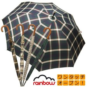 長傘 メンズ Men's ワンタッチ ジャンプ傘 チェック柄 アンブレラ 丈夫 雨傘 天然木 ウッドハンドル イタリア rainbow 70cm