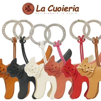 【La Cuoieria】アニマルモチーフレザーキーホルダー＜ネコ＞